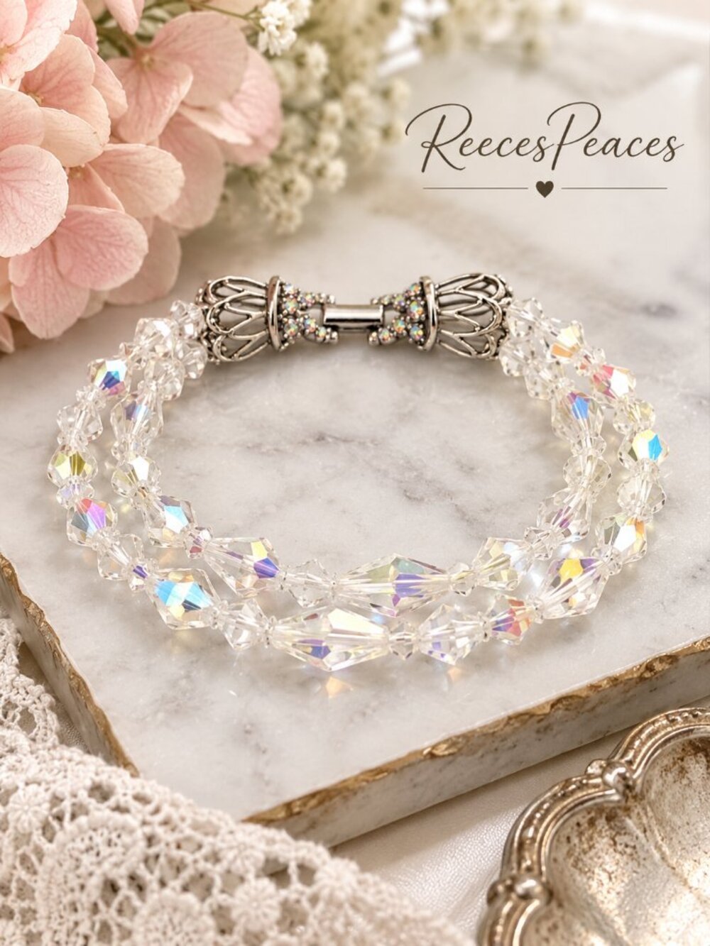 Vintage Aurora Borealis Crystal Double-Strand Bracelet | Rhinestone Clasp
